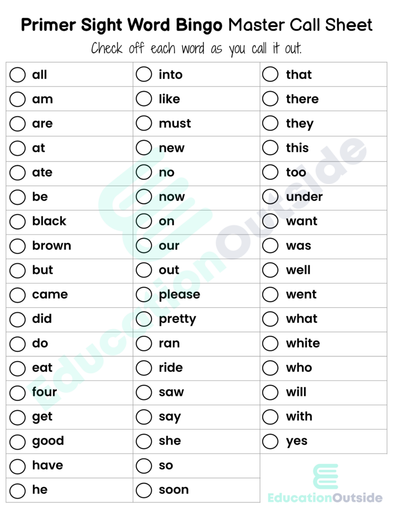 Kindergarten Primer Sight Word Bingo - 8 and 24 Square Grids Included!