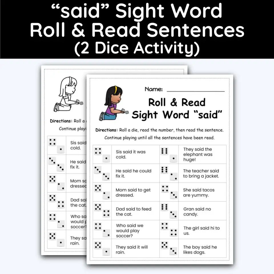 said Sight Word - Roll & Read Sentences (2 Dice Activity)