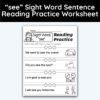 see Sight Word 4 Sentence Reading Practice Worksheet
