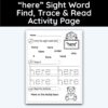 here Sight Word Find, Trace, and Read Activity Page