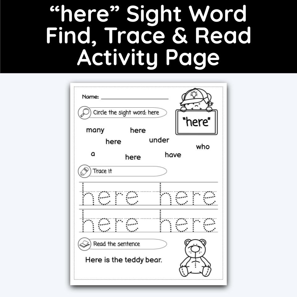 Here Sight Word Find Trace And Read Activity Page
