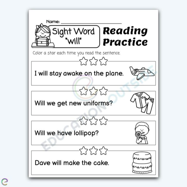 will Sight Word 4 Sentence Reading Practice Worksheet