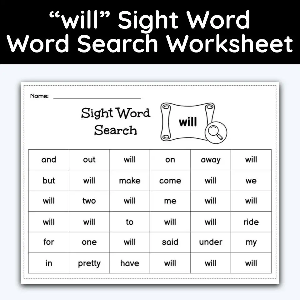 will Sight Word Single Word Search Worksheet