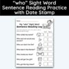 who Sight Word 7 Sentence Reading Practice With Date Mark
