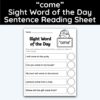 come Sight Word 5 Sentence Word of the Day Reading Practice