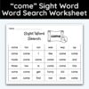come Sight Word Single Word Search Worksheet