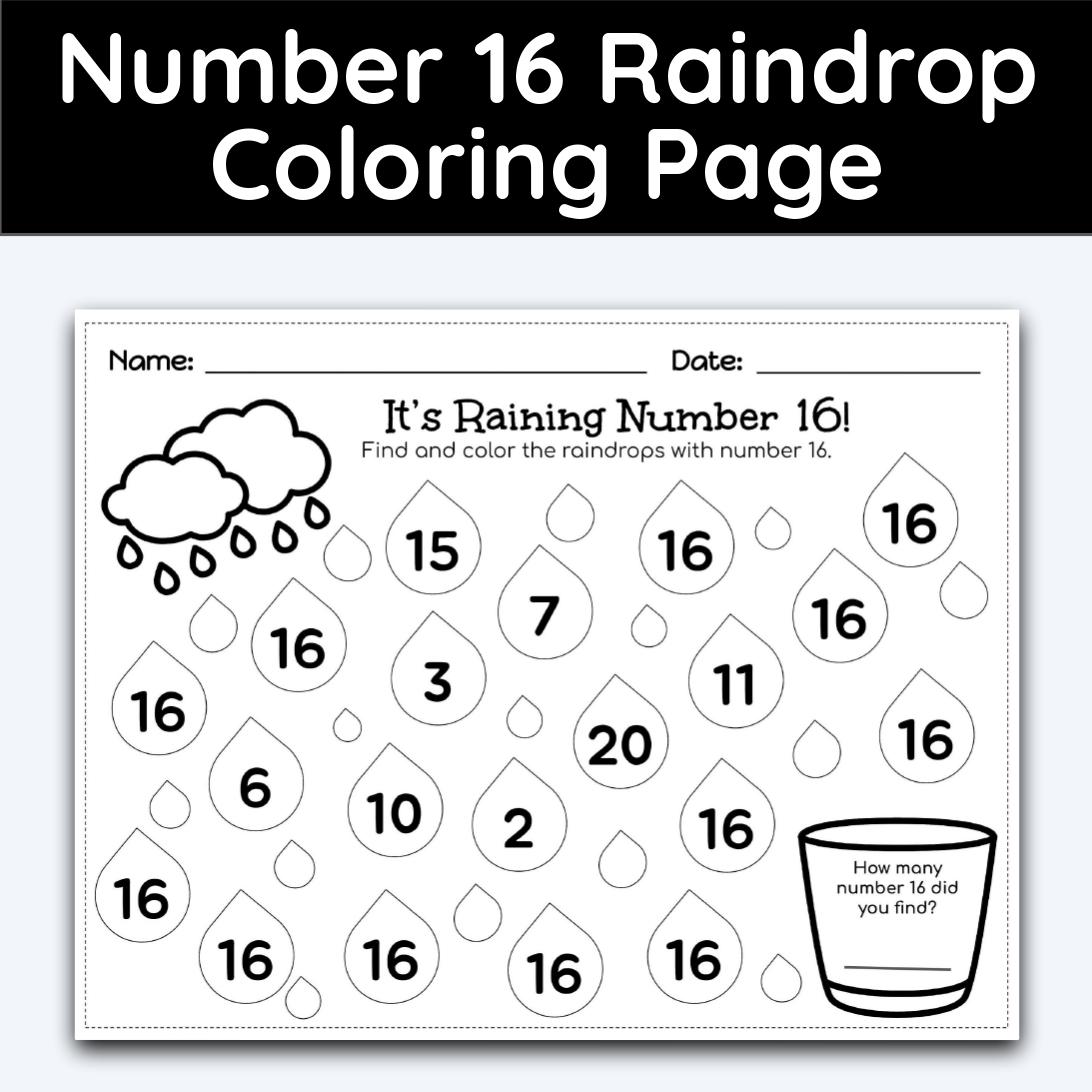 Number 16 Raindrop Coloring Page